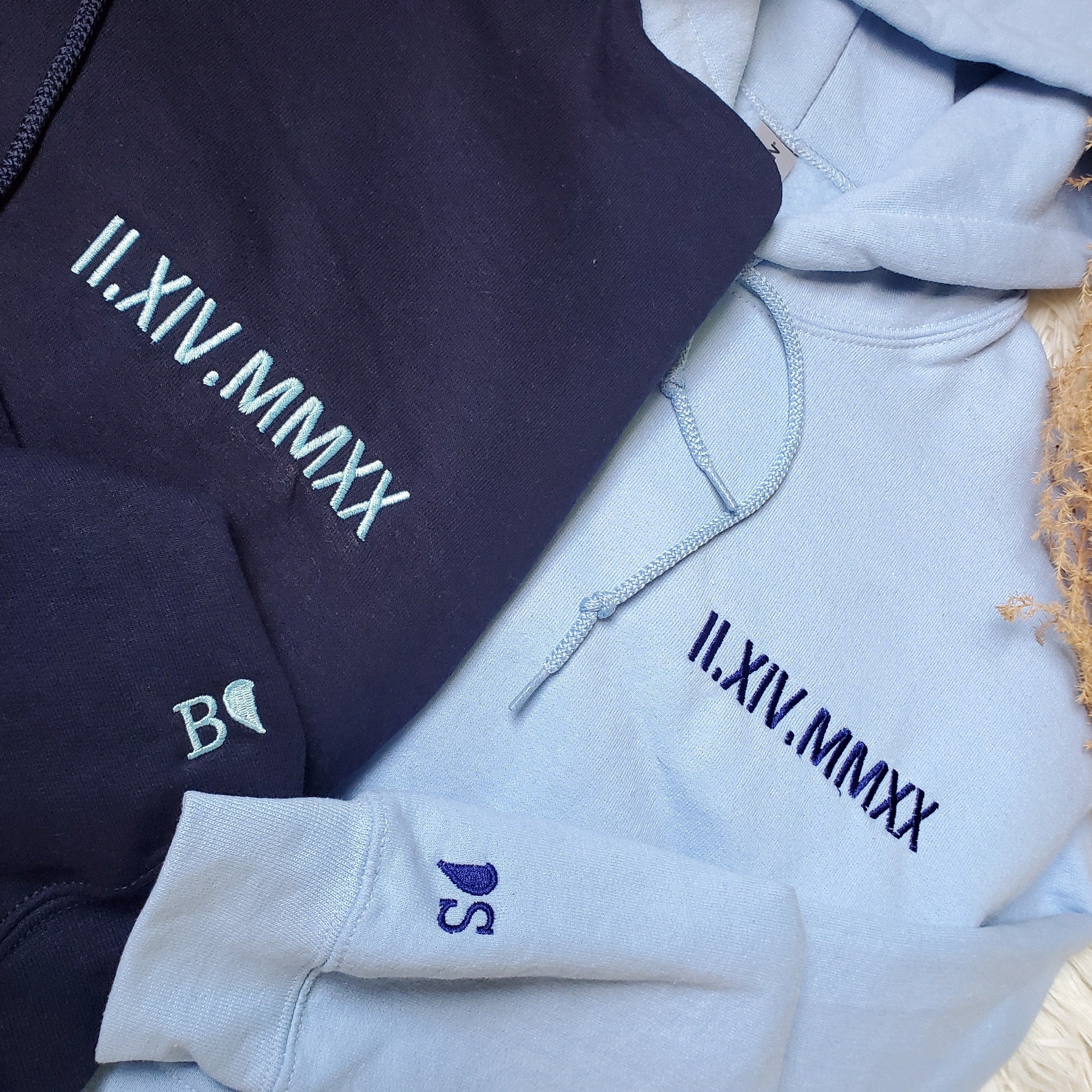Roman Numerals Embroidered Matching Couple Hoodies Gift Set