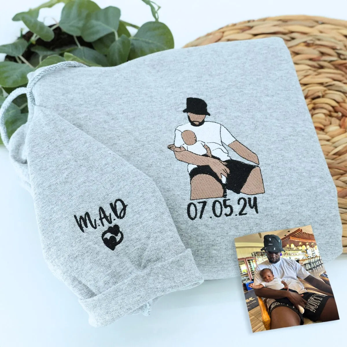 Custom Father and Child Portrait Embroidered Hoodie - Personalized Dad Gift
